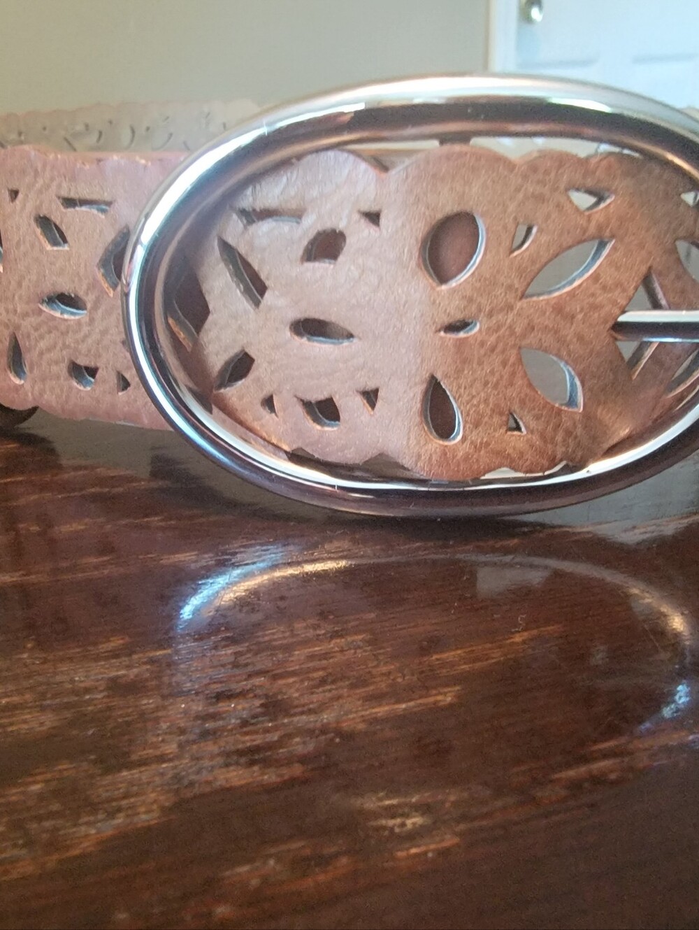 Vince Camuto Brown Floral Cutout Leather Belt with Silver Oval Buckle